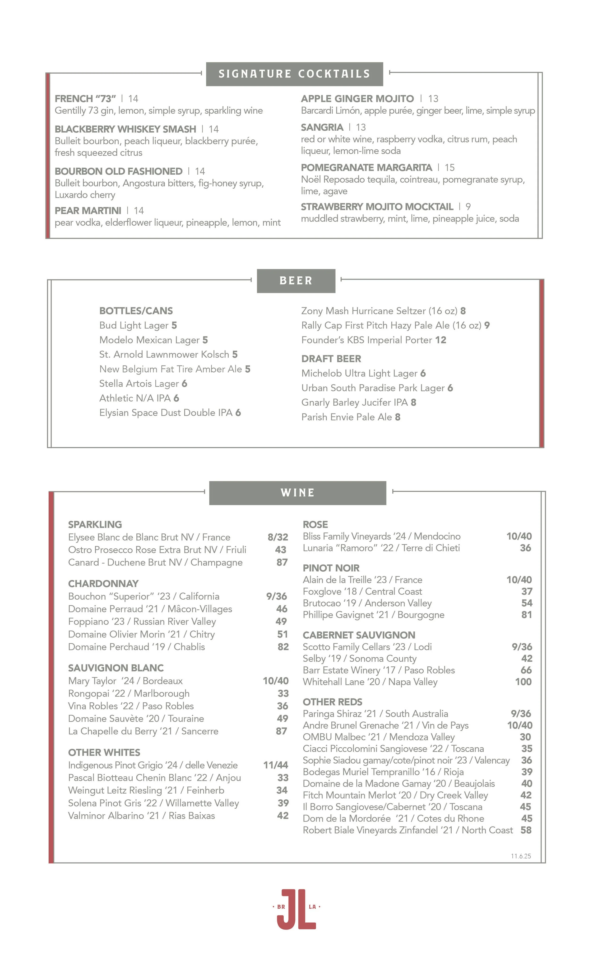 Printed drink menu with signature cocktails and local beer selections at Jed’s Local