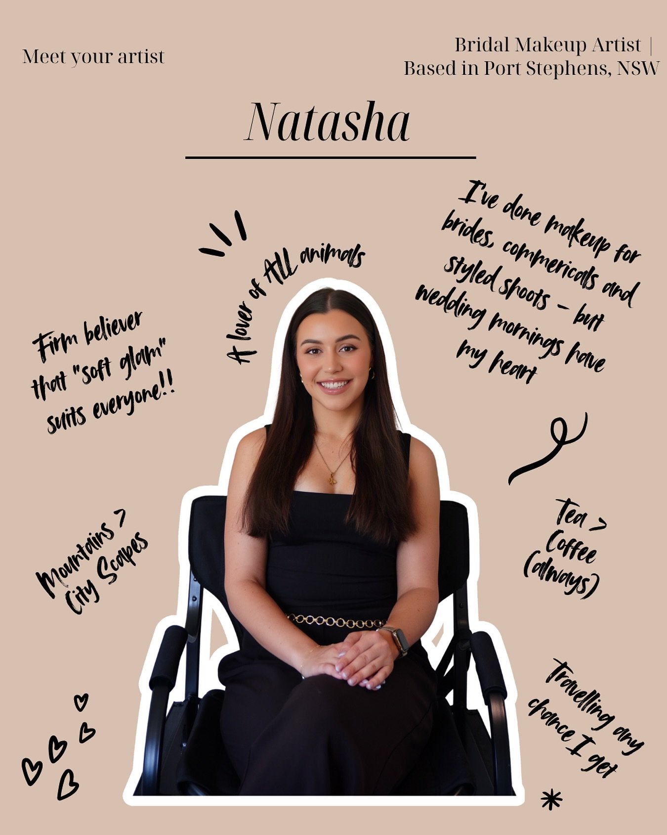 New hair, same artist 🤎

Thought it was time to reintroduce myself (since my blonde era has officially ended 😅).

I&rsquo;m Natasha - bridal makeup artist based in Port Stephens, and lover of soft glam, dog cuddles, and a good cup of tea.

Whether 
