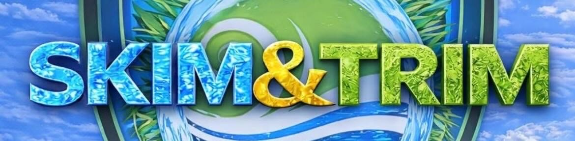 Logo reading "SKIM & TRIM" with ocean and greenery background