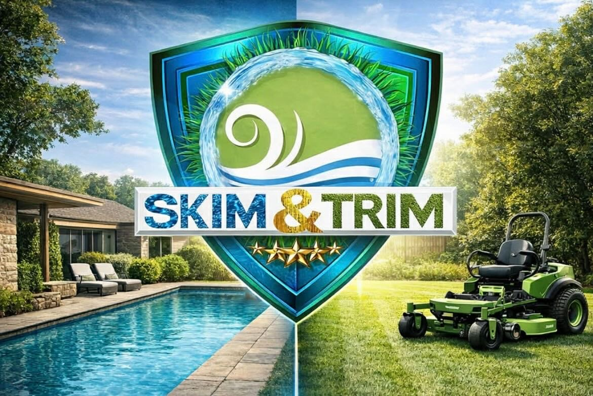 Split view of a backyard with a swimming pool and a lawn-mowing tractor, separated by a shield-shaped logo with the words 'Skim & Trim' and a water swirl design.
