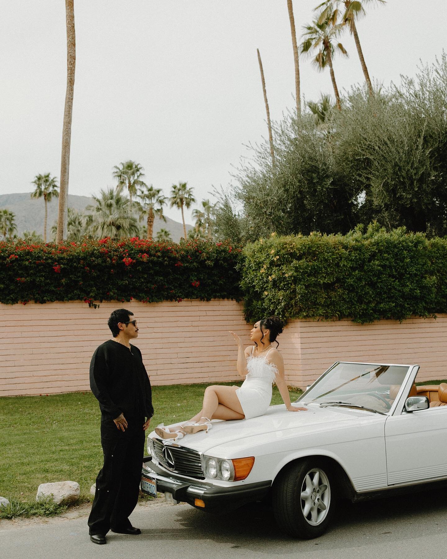 Shannen &amp; Rayan 
K I S S I N G 💕 We always love a vintage car engagement session in Palm Springs! 
The just best way to show off the love in this timeless city&hellip;
.
. I love my editorial couples 📸
.
.MUA: @keybeauty 
Hair: @matrimonymanes 