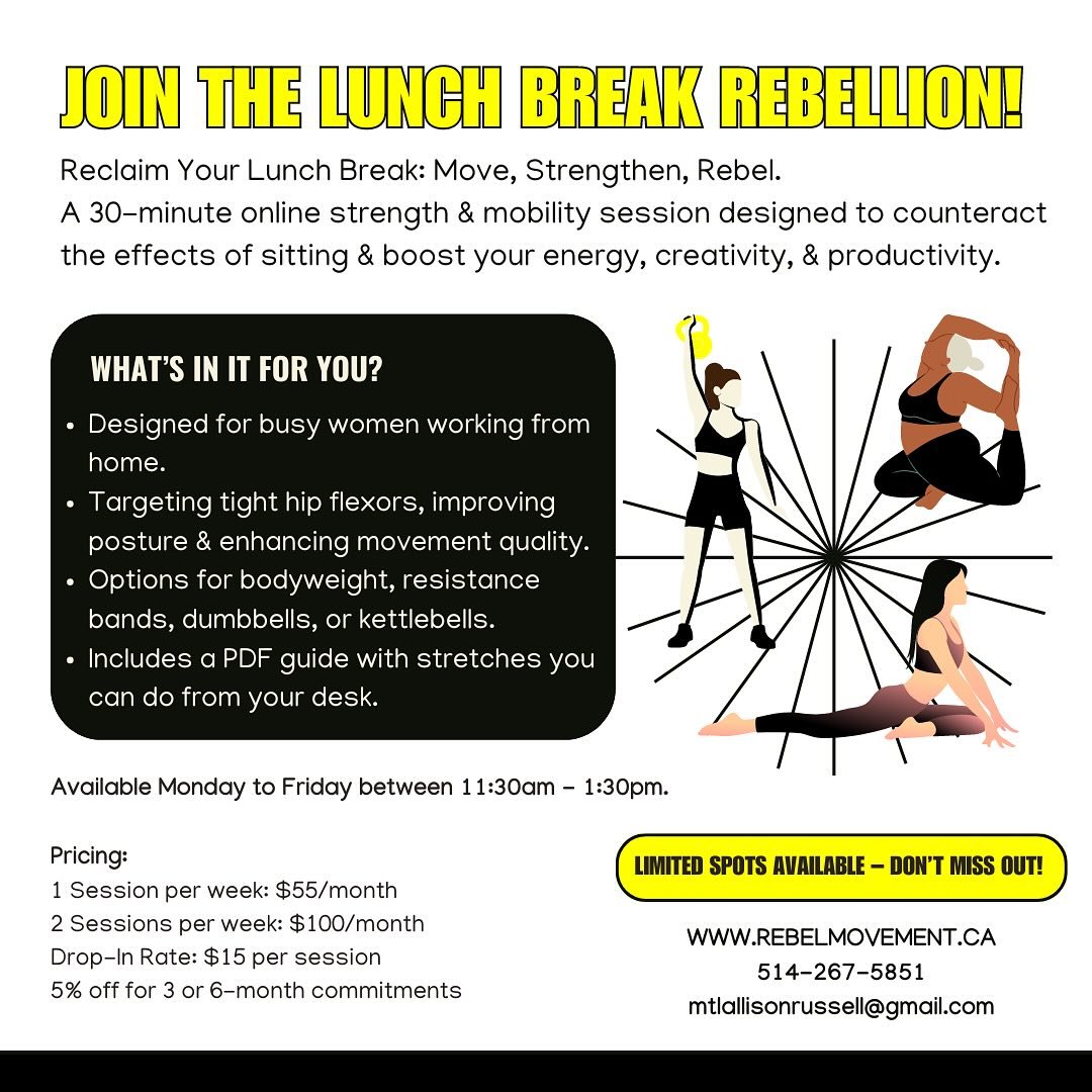🚨 Calling all busy women working from home!🚨 

It&rsquo;s time to reclaim your lunch break with the Lunch Break Rebellion! 🥗💪 
This 30-minute strength &amp; mobility session is designed to help you shake off the effects of sitting, boost your ene