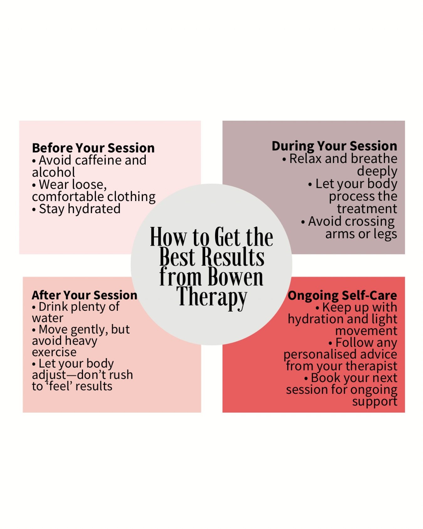 Want to get the most out of your Bowen therapy session? These simple tips can help your body respond better and keep you feeling great! 

✔️ Stay hydrated before and after
✔️ Wear comfy, loose clothing
✔️ Allow your body time to adjust
✔️ Move gently