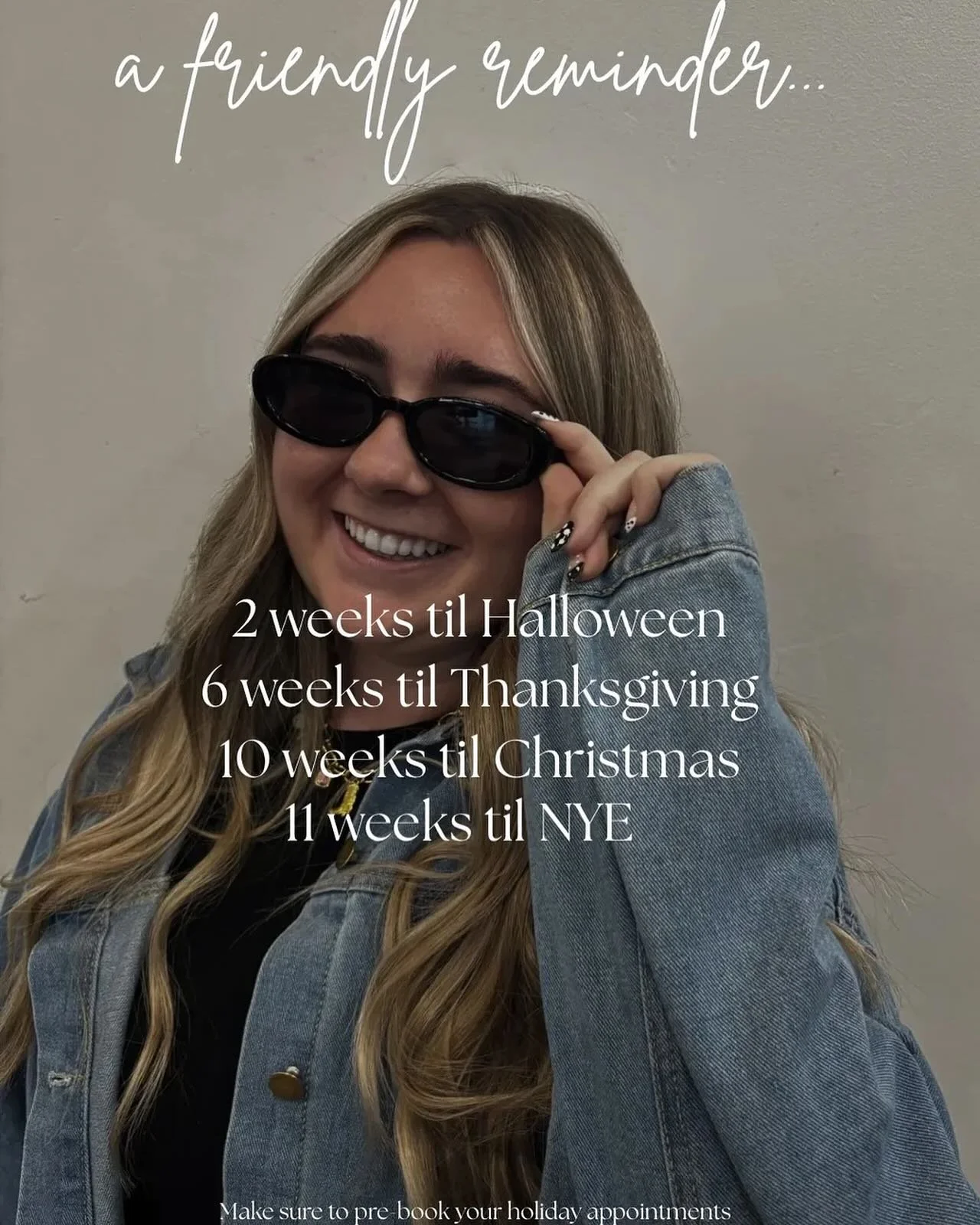 📣&nbsp;HOLIDAY COUNTDOWN IS HERE!! 📣&nbsp;

Holidays are coming up quick! 
Be sure to book your appointments so your hair, skin, and nails are holiday ready.  even if you&rsquo;re not. 😜

#folsomhair #530hair #916hair #folsomsalon #prebook #nails 