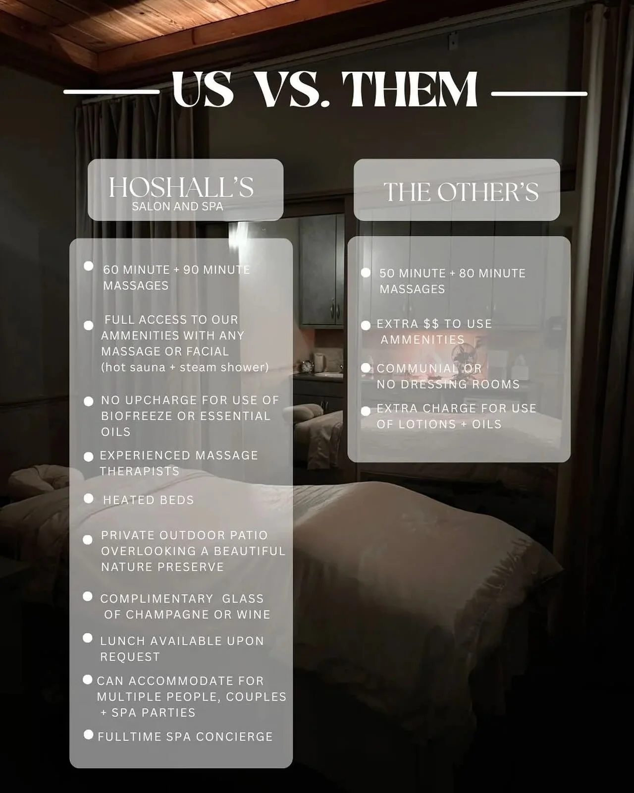 I know you&rsquo;re wondering.. 💭&nbsp;

What sets Hoshall&rsquo;s Spa apart from the others?
Well here&rsquo;s just a few (but very important 😉) details that make us Folsom&rsquo;s go to spa 🧖&zwj;♀️&nbsp;🫧&nbsp;

Curious? 👀&nbsp;stop by and ge