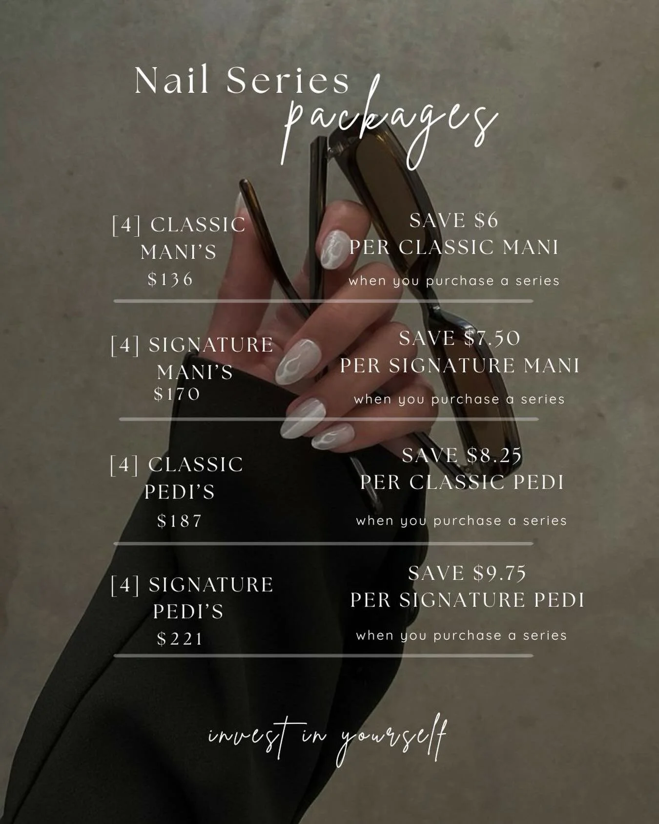 Polished, perfected, and worth every moment ✨
Choose your series, save while you glow, and keep your nails flawless week after week 💅🏼

Invest in yourself, you deserve it.  #NailCare #SelfCareRoutine #ManiPedi #NailStudio #BeautyInvestments