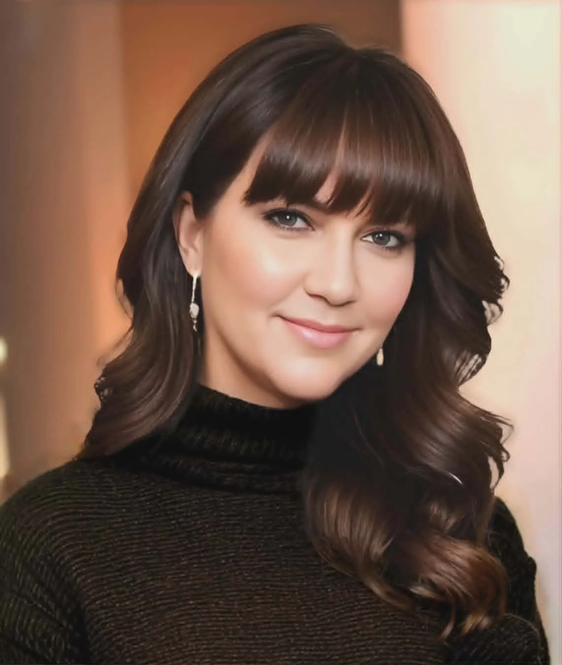 A woman with long wavy brown hair, straight-cut bangs, and blue eyes, wearing a black turtleneck sweater and silver earrings, smiling at the camera.