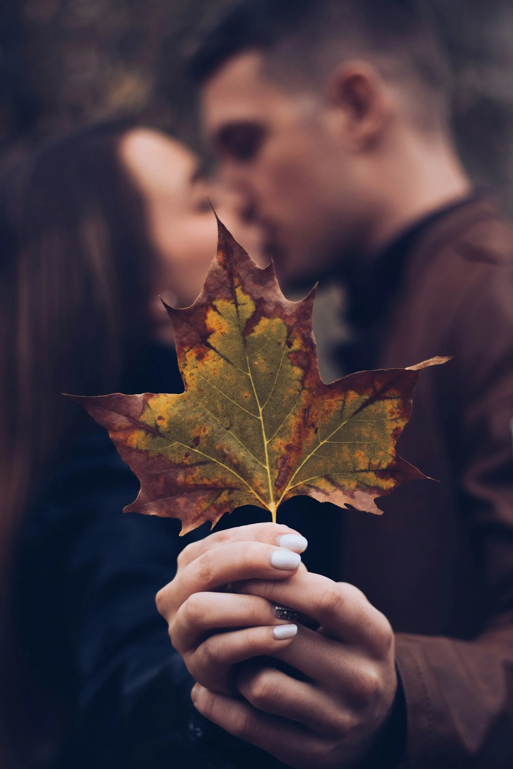 A person holding a large autumn leaf in front of a blurry background of a couple about to kiss.