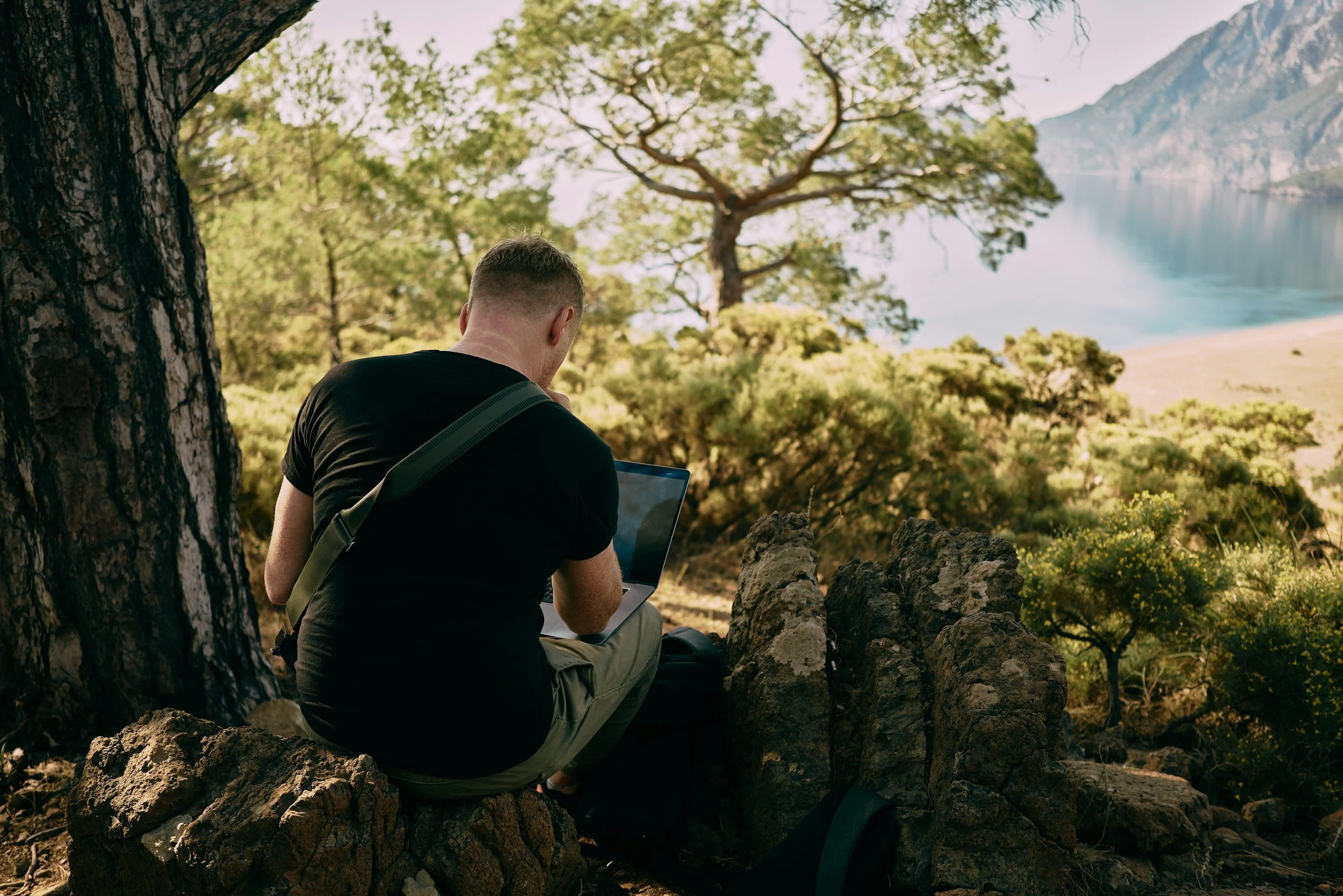 A person sitting on rocks under a tree, using a laptop, with a scenic lake and mountains in the background.