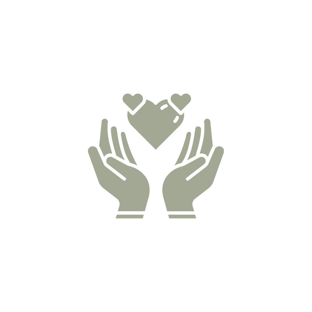 Two hands are gently cupping a heart, which has two small hearts on its sides.