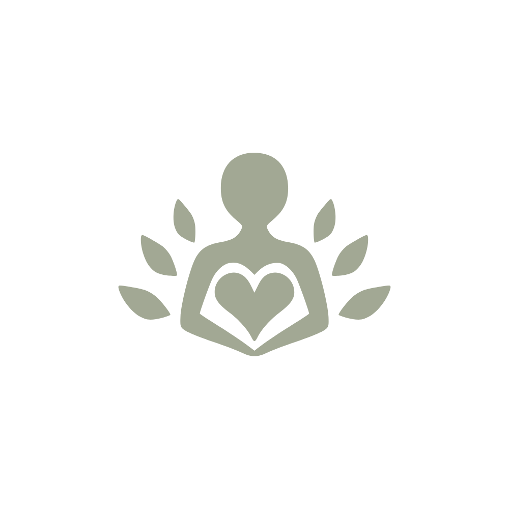 A stylized human figure with a heart inside their chest, surrounded by leaves, representing health or wellness.