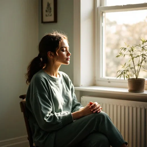 woman sitting peacefully with her eyes closed next to a window