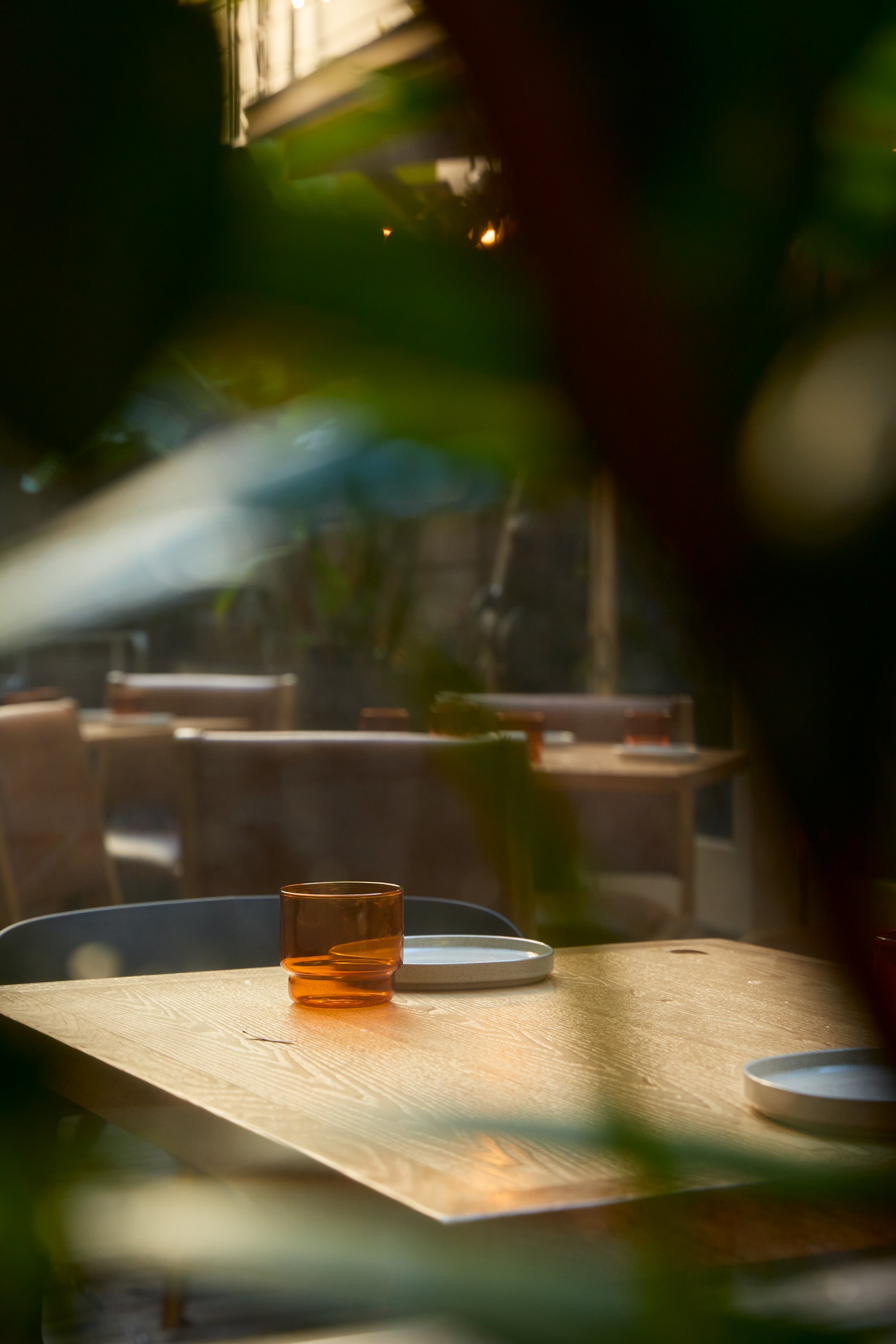 Empty restaurant table seen through surrounding leaves, with a single orange-tinted glass and white tray on a wooden table.