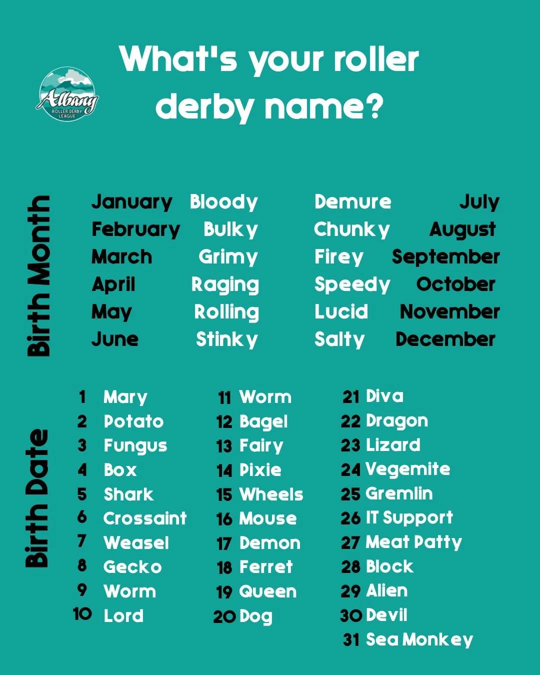 One of the fun parts of roller derby is choosing your derby name!
Whether you&rsquo;re - 
🔥 Firey Queen
💀 Grimy Demon
🍞 Chunky Croissant
Drop yours below 👇
We need to know.