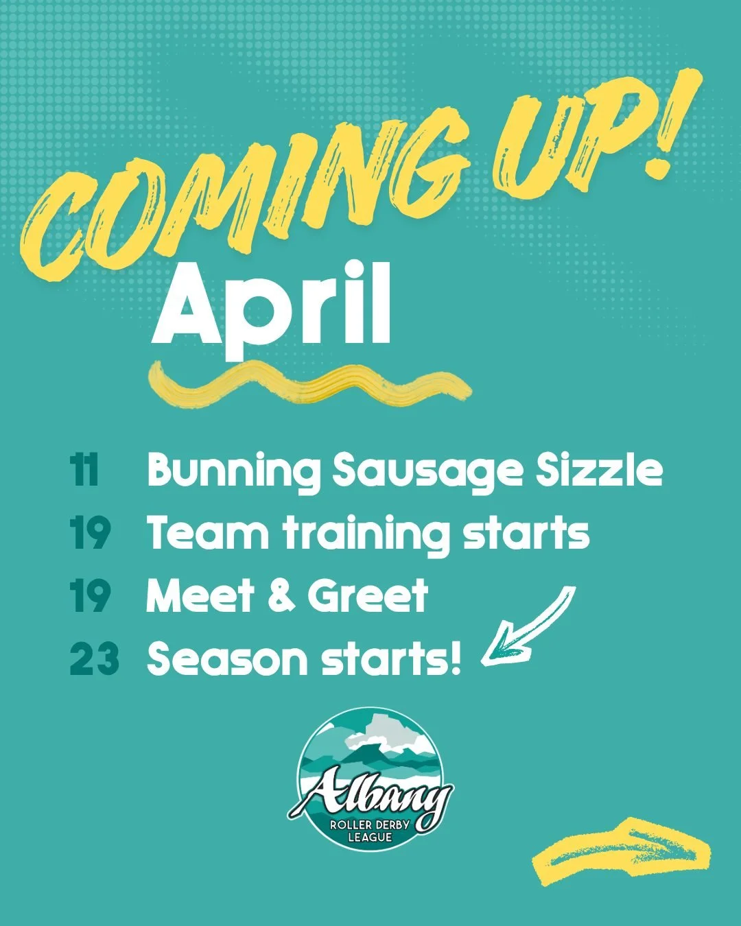 Join us this April + May at Albany Roller Derby 😎 New skaters, juniors, returners and members - there&rsquo;s something for you.

We&rsquo;ve got a big couple of months ahead, and we&rsquo;re excited to share what&rsquo;s coming up around the club.
