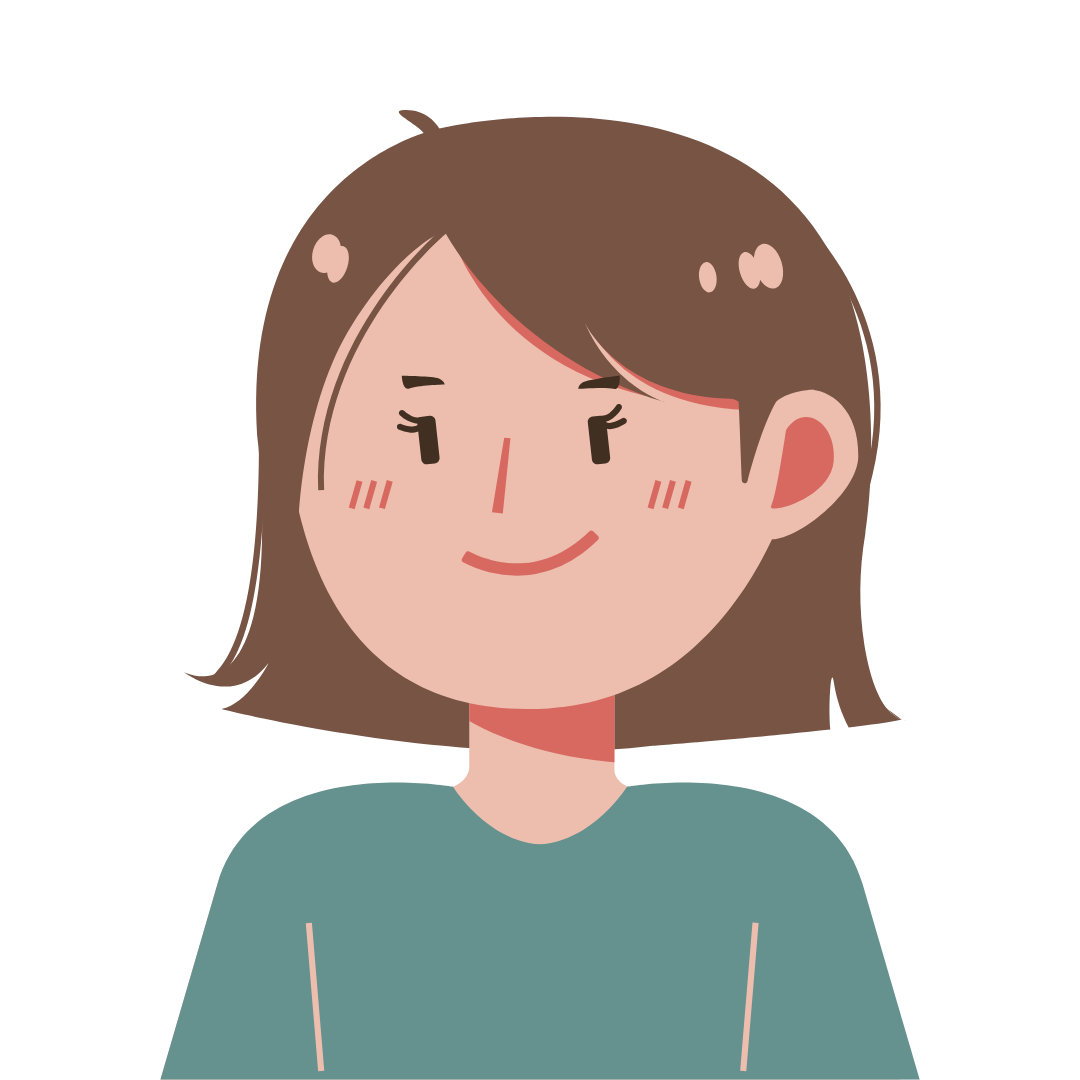 A cartoon illustration of a smiling woman with brown hair wearing a teal top.