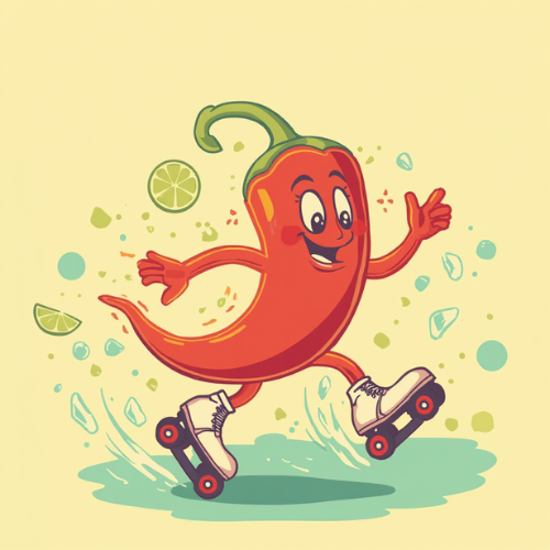 A cartoon chili pepper with a smiling face roller skating, with lime slices and splashes of water around it.
