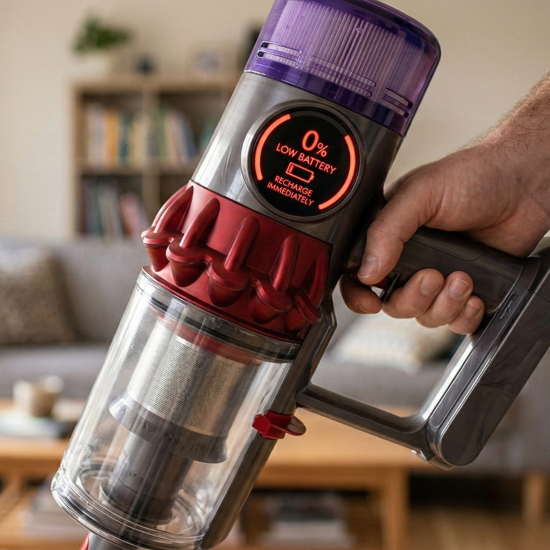 Showing a Stick Vac with no charge left showing the benefit of having a Valet Installed Vacuum