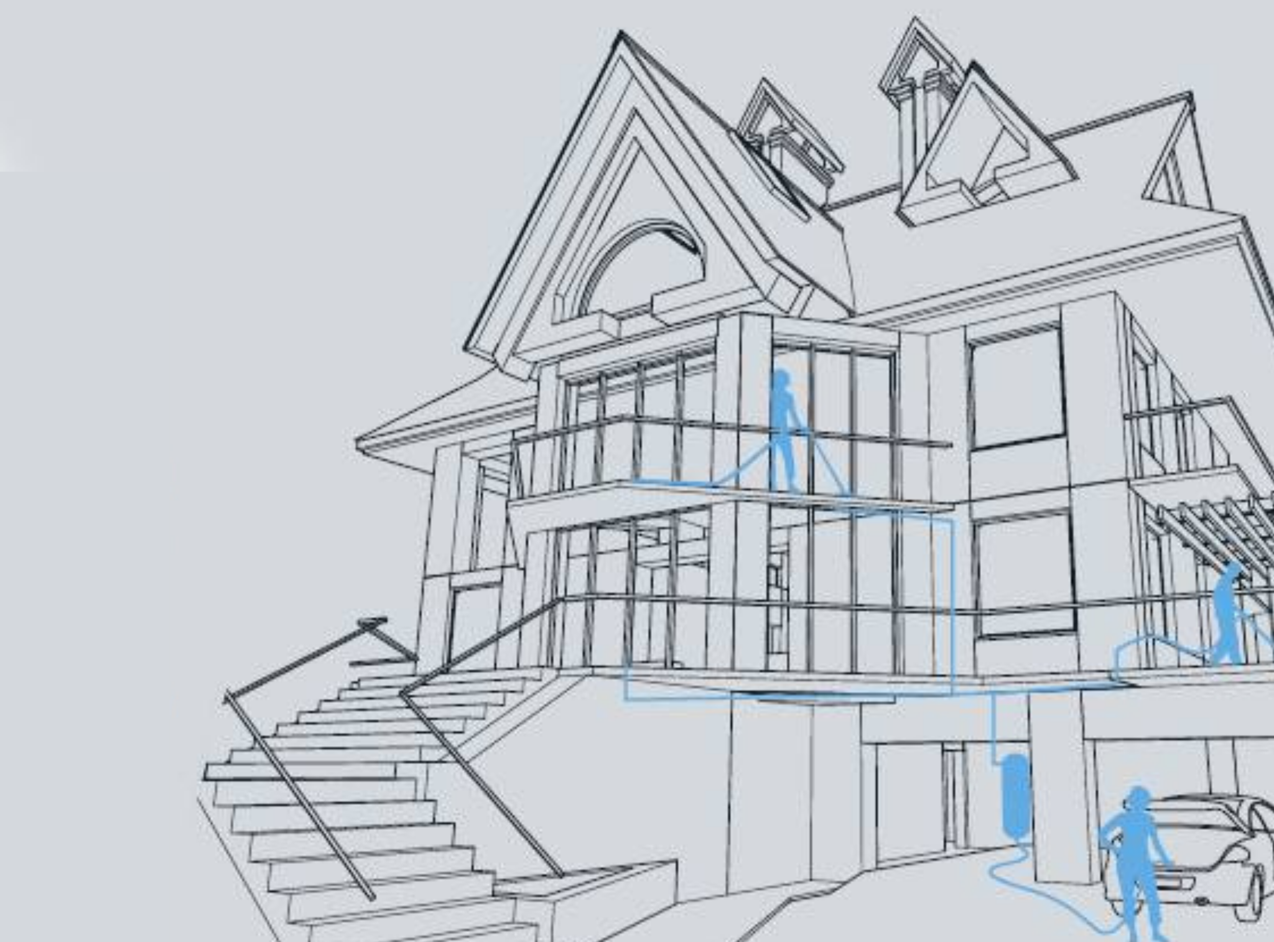 Architectural sketch of a multi-story house with external stairs, balconies, and a garage, featuring blue human figures demonstrating plumbing or water flow.