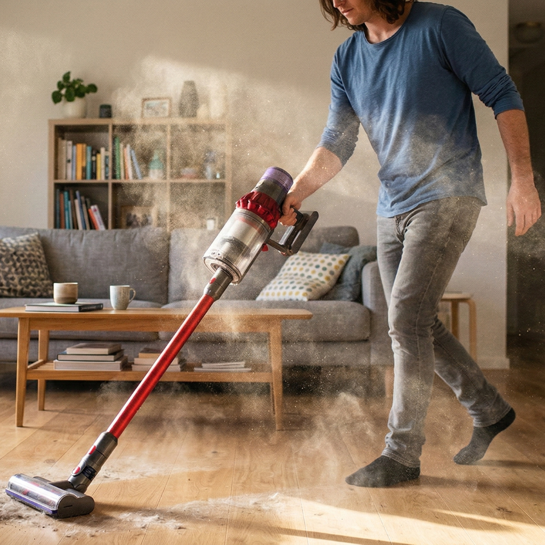 Image of a man in a dusty room using a stick vac instead of a ducted vac system that removes all particles from the room