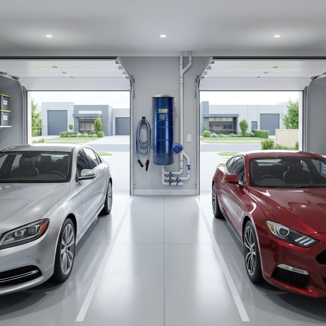 Valet ducted vacuum power unit installed in a garage designed for long-term home use