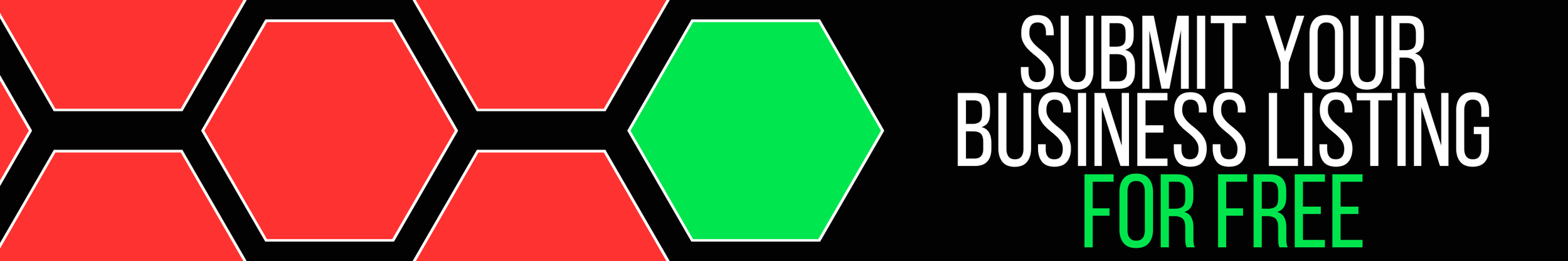 Graphic with red and green hexagons and black outlines, text stating 'Submit your business listing for free' with 'business listing' in white and 'for free' in green.