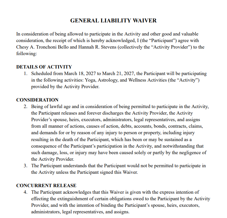 A legal document titled 'General Liability Waiver' outlining terms for activity participation, including details of the activity, considerations, and a release of liability.