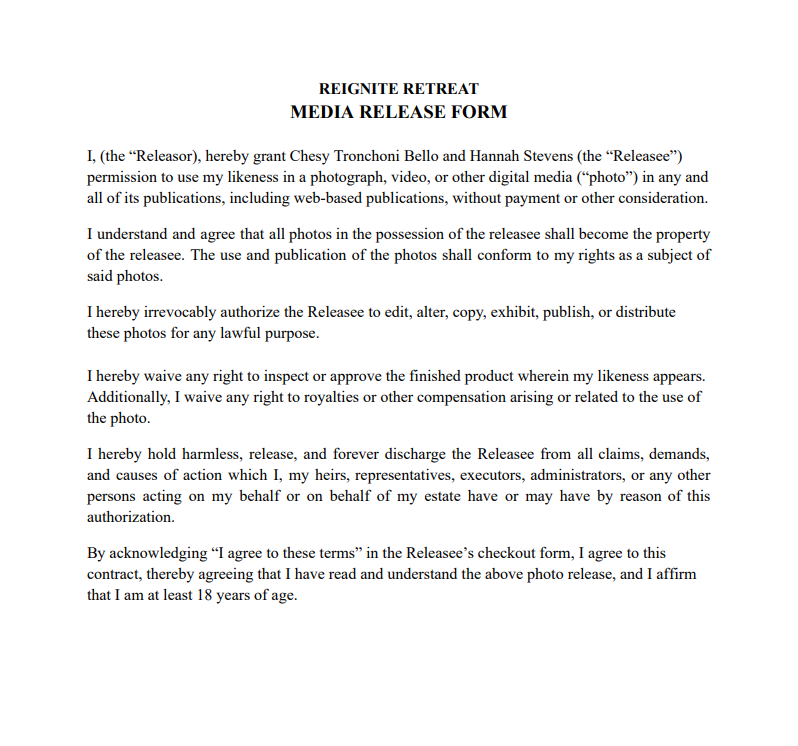 Reignite Retreat Media Release Form document with legal text and signatures section.