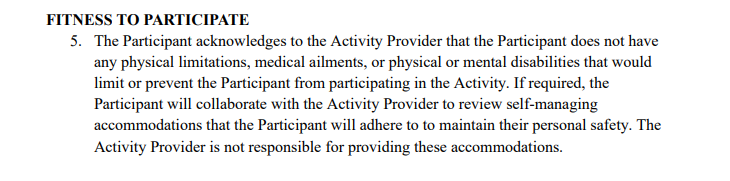 Close-up view of a printed document with a section titled "FITNESS TO PARTICIPATE" and paragraph text about participant acknowledgments and responsibilities.