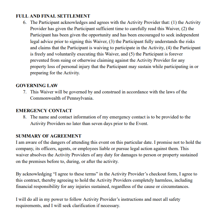 Close-up of a printed document titled 'Full and Final Settlement' outlining legal and safety agreements for an activity, including governing law, emergency contact, and a summary of the agreement.