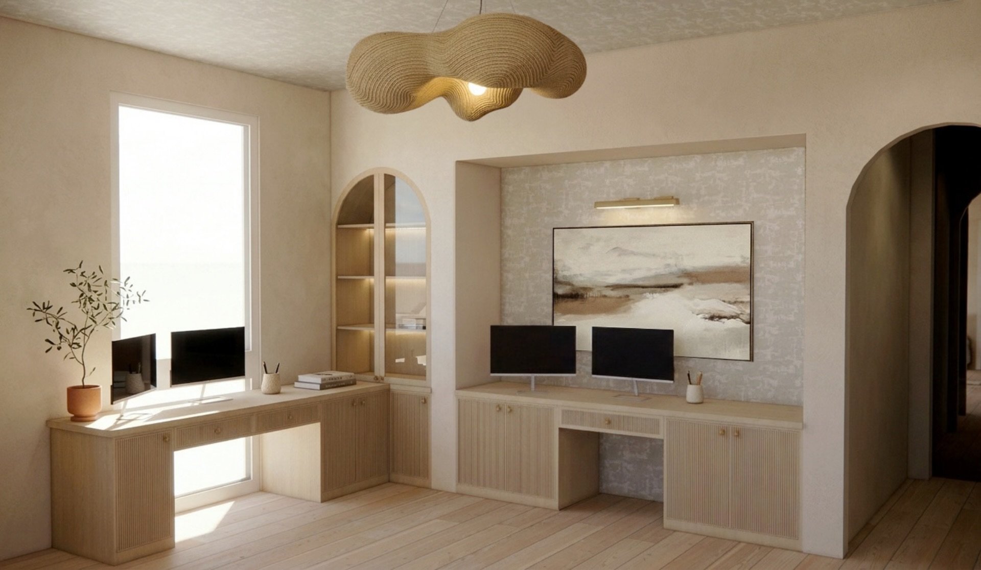 Our Barakui clients wanted a neutral space with plenty of texture, two fully functional workstations, and storage that could actually keep up with both of them. The arched built-in was inspired by the existing cased opening, creating symmetry while g