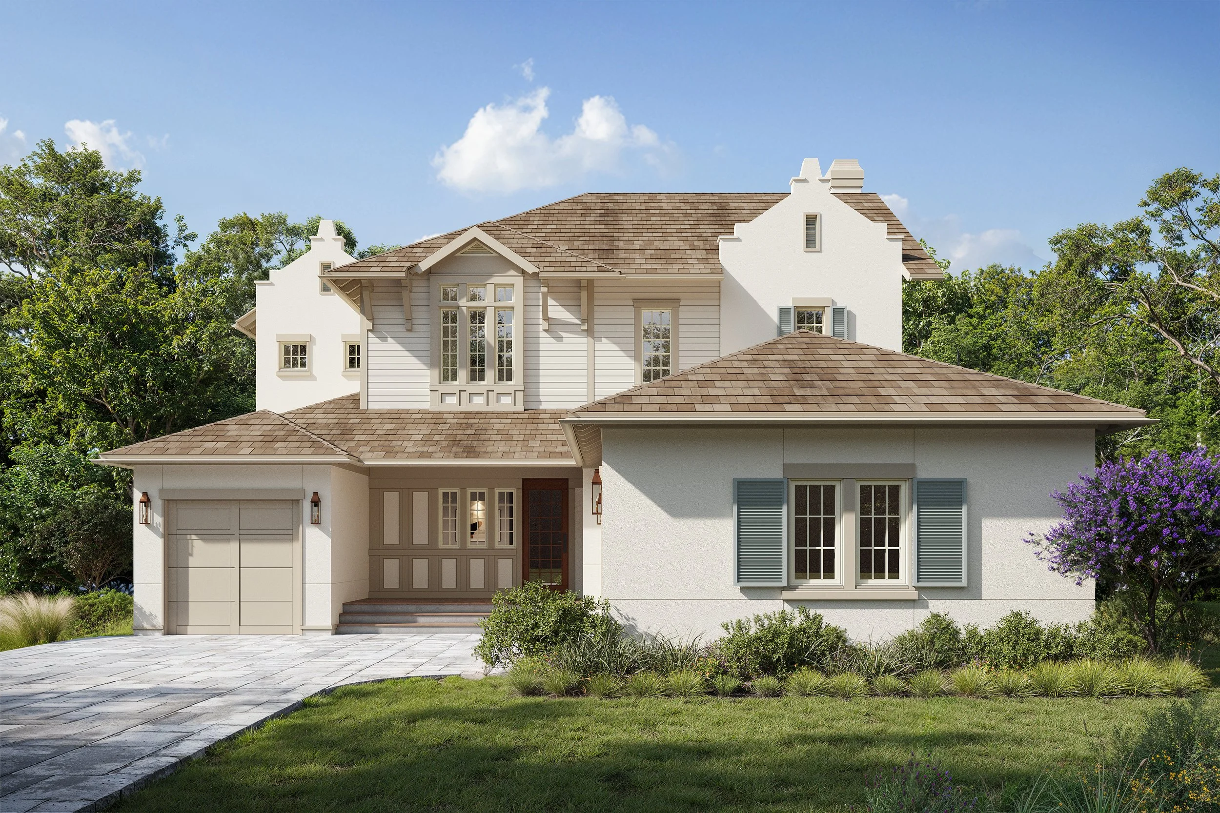 A two-story white house with tan roof, a garage on the left, front steps leading to a beige door, multiple windows with blue shutters, surrounded by a green lawn, trees, and purple flowering bush, under a blue sky with clouds.