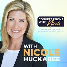 Cover image of a book titled 'Conversations with Nicole' featuring a smiling woman with blonde hair, promoting inspiring and encouraging conversations with Nicole Huckabee.