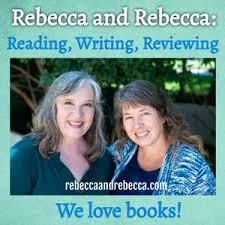 Two women smiling outdoors, promoting a website about reading, writing, and reviewing books, with the text 'Rebecca and Rebecca: Reading, Writing, Reviewing' and 'We love books!'