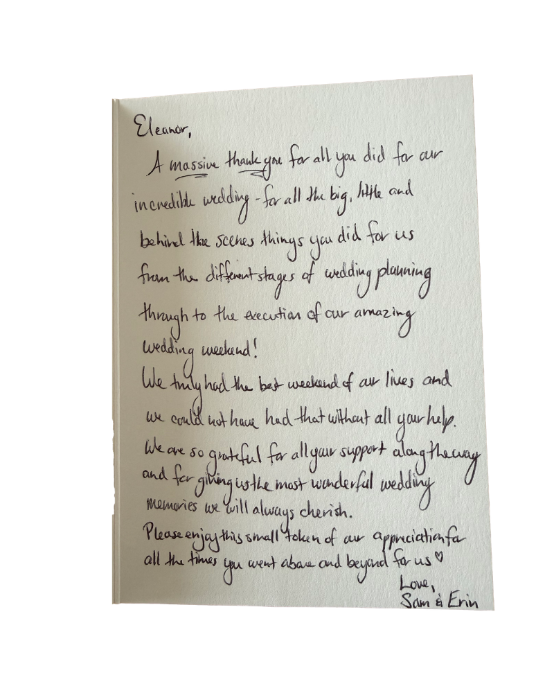 A handwritten thank you note on white paper expressing gratitude for wedding planning help, signed by Sam and Erin.