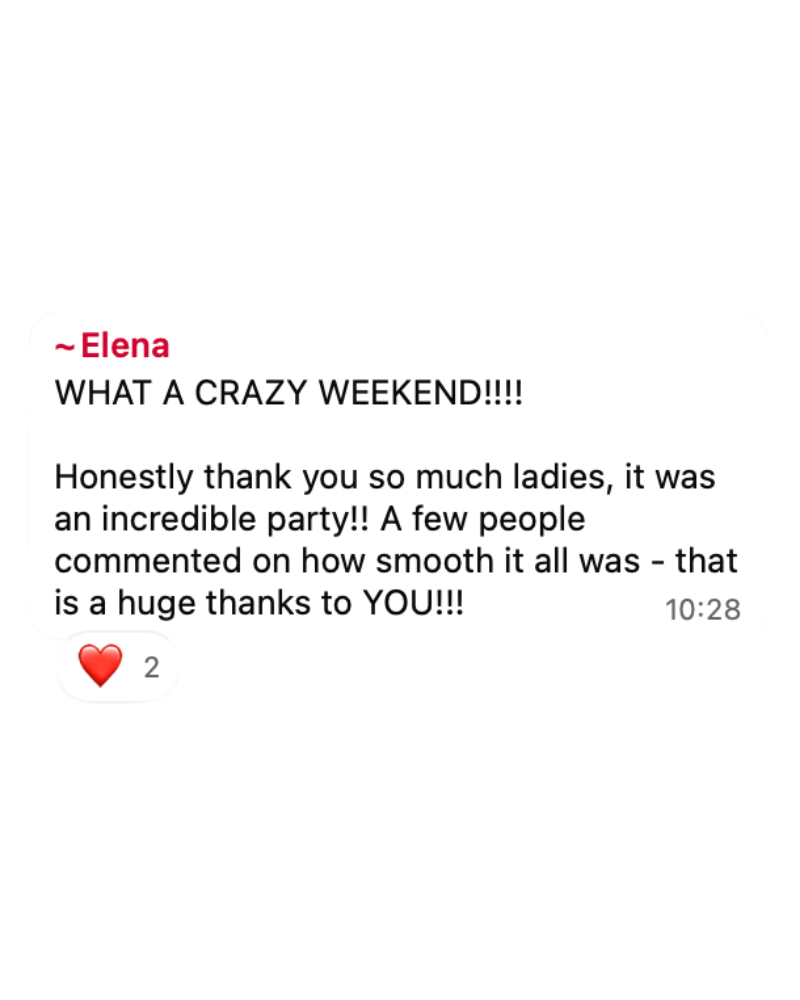 A screenshot of a messaging app with a message from Elena expressing gratitude and excitement about a weekend party, and a red heart reaction below.