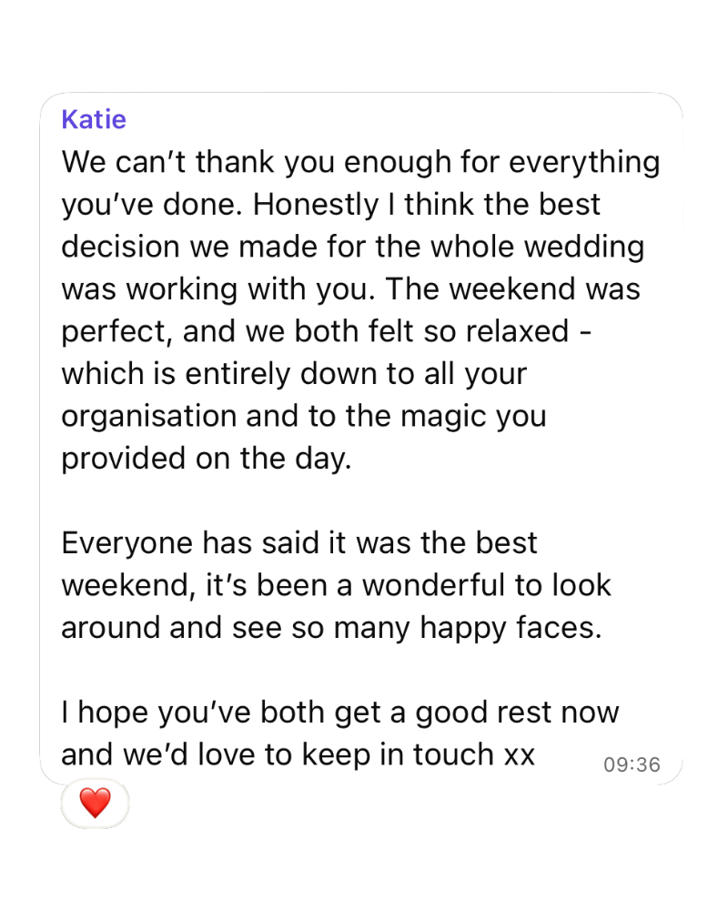 Screenshot of a text message expressing gratitude for a wedding experience, mentioning a relaxing weekend, happy faces, and a wish to stay in touch, with a red heart emoji at the bottom.