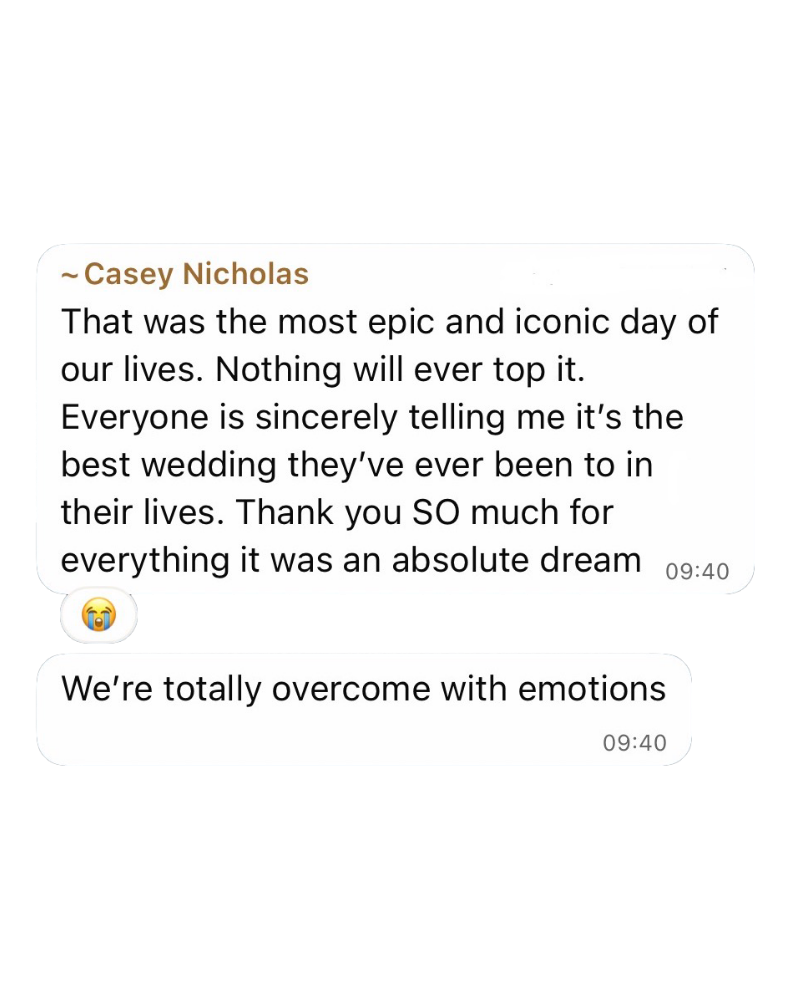 A screenshot of a WhatsApp conversation where a person named Casey Nicholas shares about their wedding day being epic and emotional, thanking someone for making it possible, and expressing how they are overwhelmed with emotions.