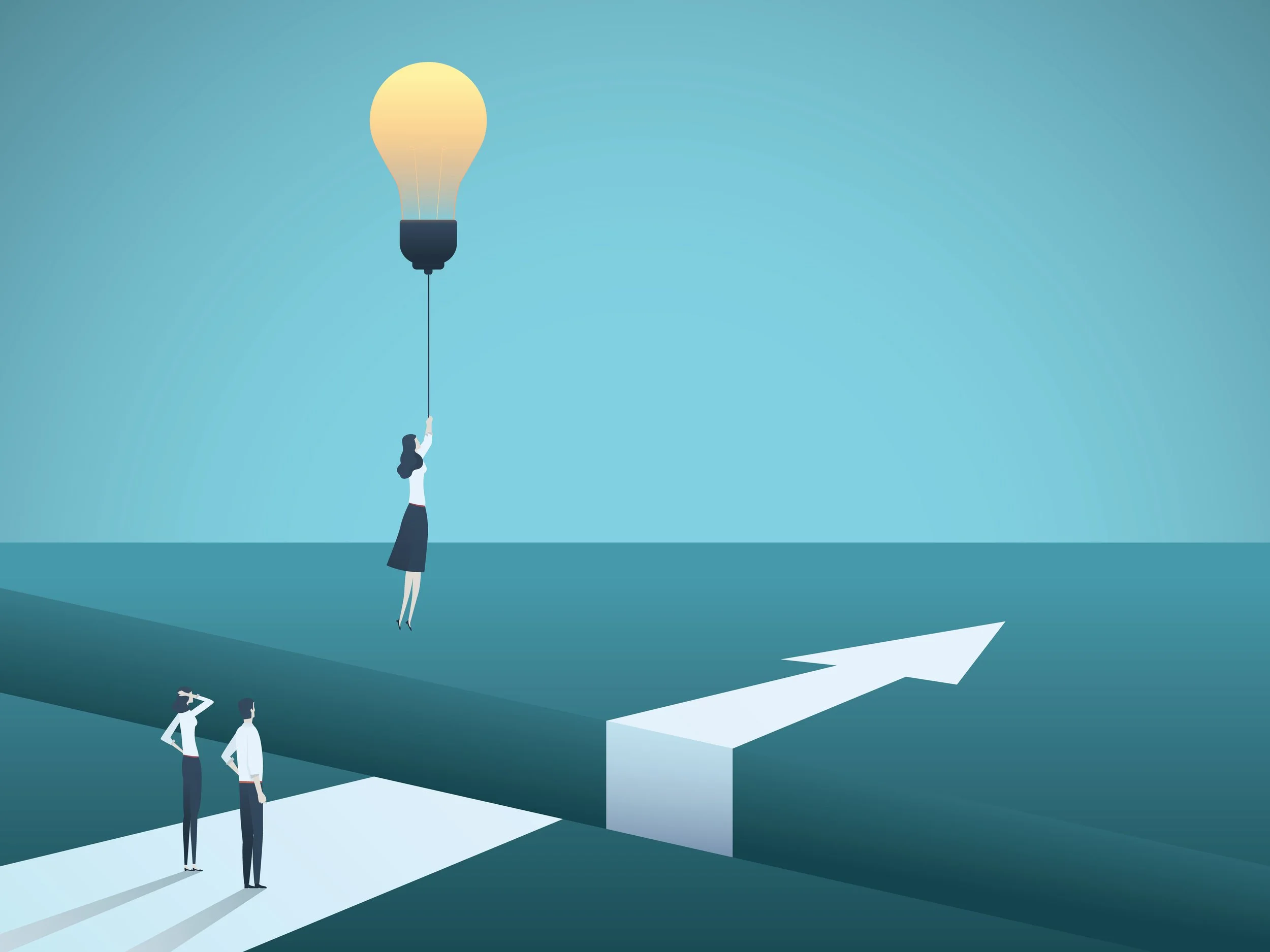 Abstract illustration of a woman flying with a glowing lightbulb, symbolizing transformational leadership and innovation.