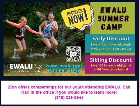 Summer Camp at EWALU is coming up, so Register Now! Contact Kari for more information on camperships ⛅😎

 #iowacity #churchcommunity #midwestliving #ewalu #summer #summercamp #youth #YouthDevelopment