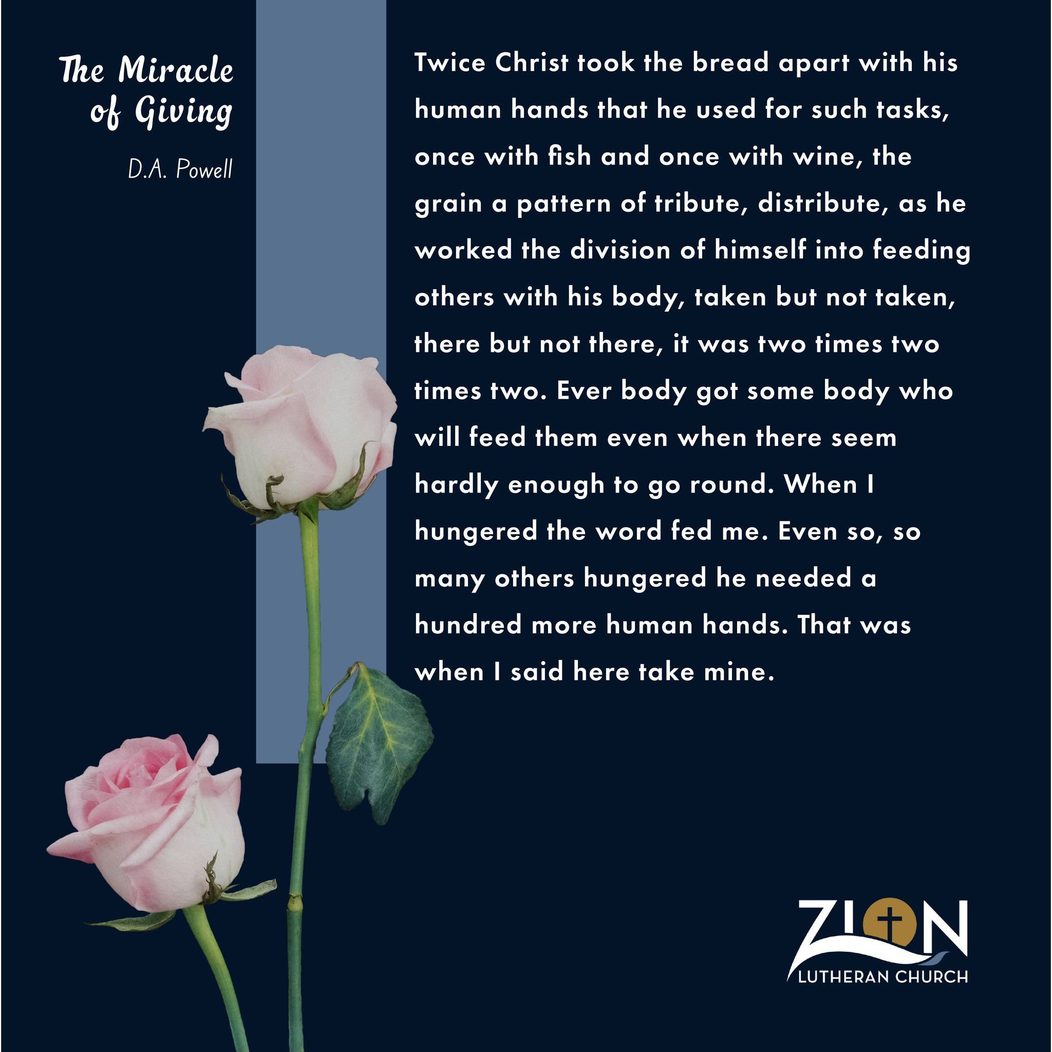 Happy National Poetry Month! Here's some beautiful words from D.A. Powell- The Miracle of Giving. Hope you have a wonderful day 💙💛

 #midwestliving #faithcommunity #iowa #iowacity #lutheranchurch #church #churchcommunity #universityofiowa #HawkeyeN