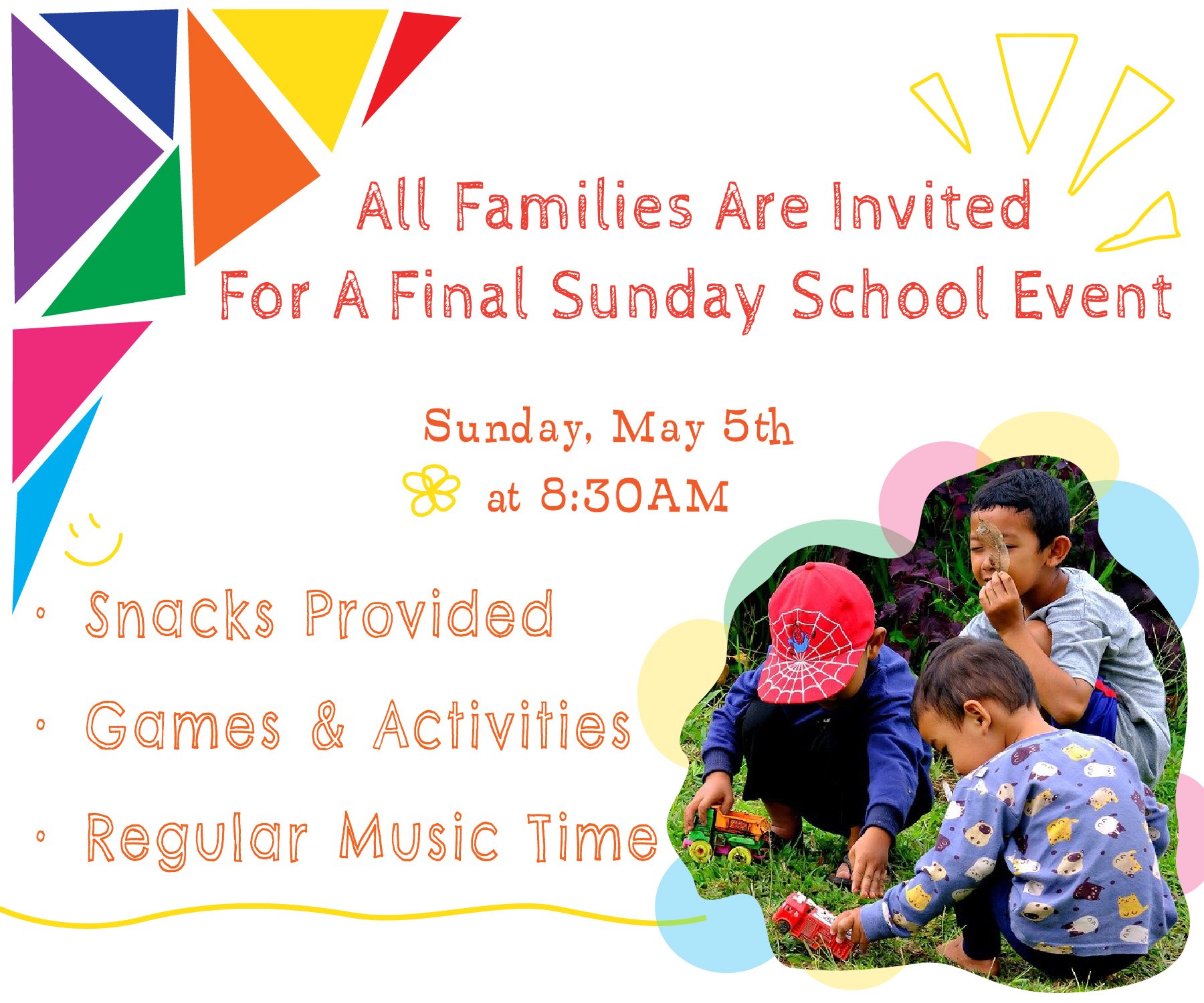💛We will have snacks and games on the front lawn of Zion. The rain location will be the music room downstairs. We will still do our regular music time at 9:00 with Melanie, as the Sunday School kids are singing in church that day. 🌞