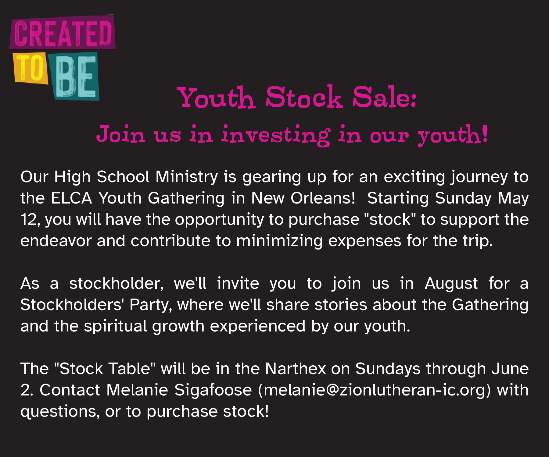 Help out our youth💛 by contacting Melanie Sigafoose ( melanie@zionlutheran-ic.org ) for questions or to PURCHASE STOCK😄

✨Help out our journey to the ELCA Youth Gathering in New Orleans✨

 #churchcommunity #ChurchOfChrist #iowa #faithcommunity #iow