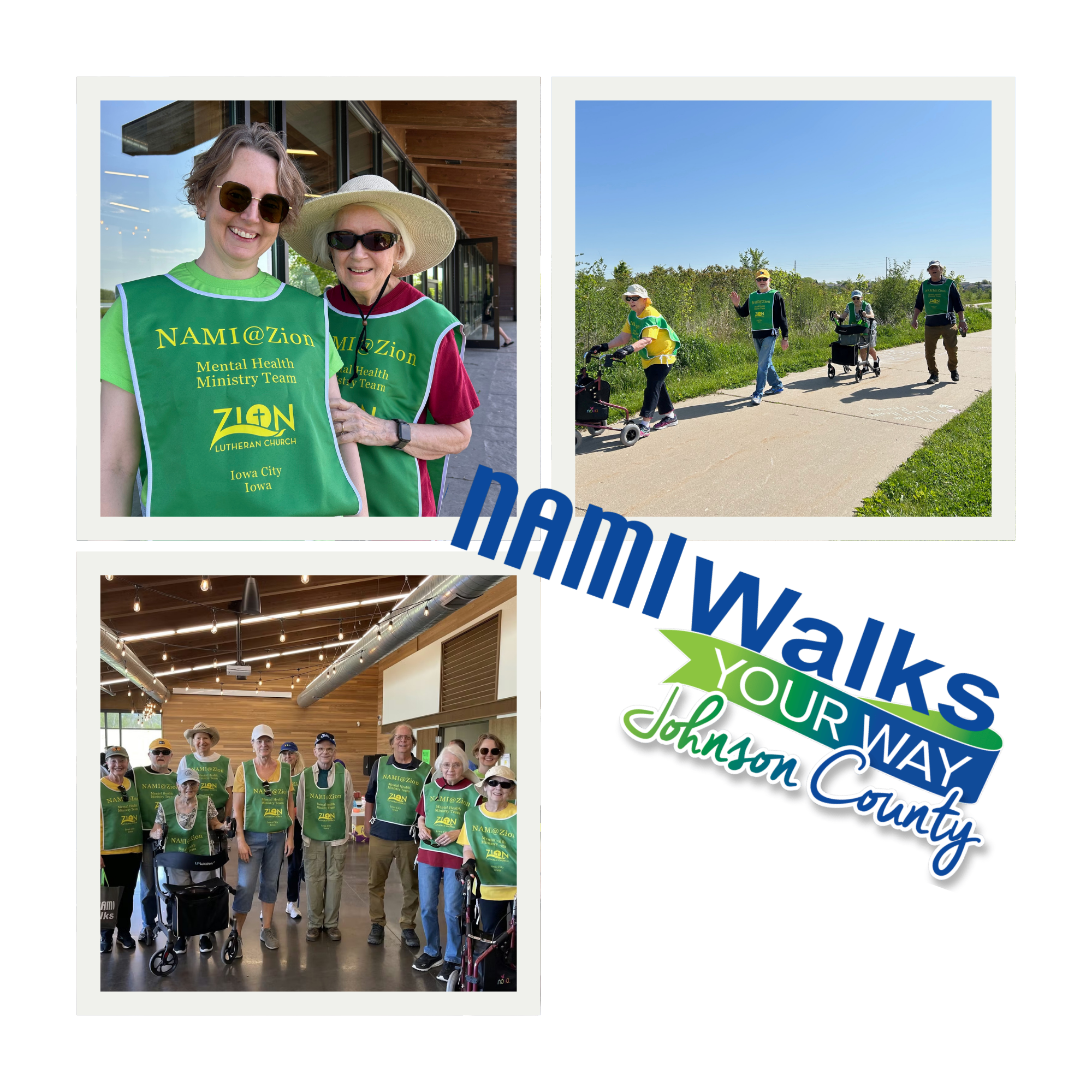 ThreePhotosInACollagePeopleInGreenApronsRepresentingZionLutheranChurchAtNAMIWalksPicturesAreCrossedByABannerInDarkBlueandVibrantGreenThatSaysNAMIWalksYourWayJohnsonCounty