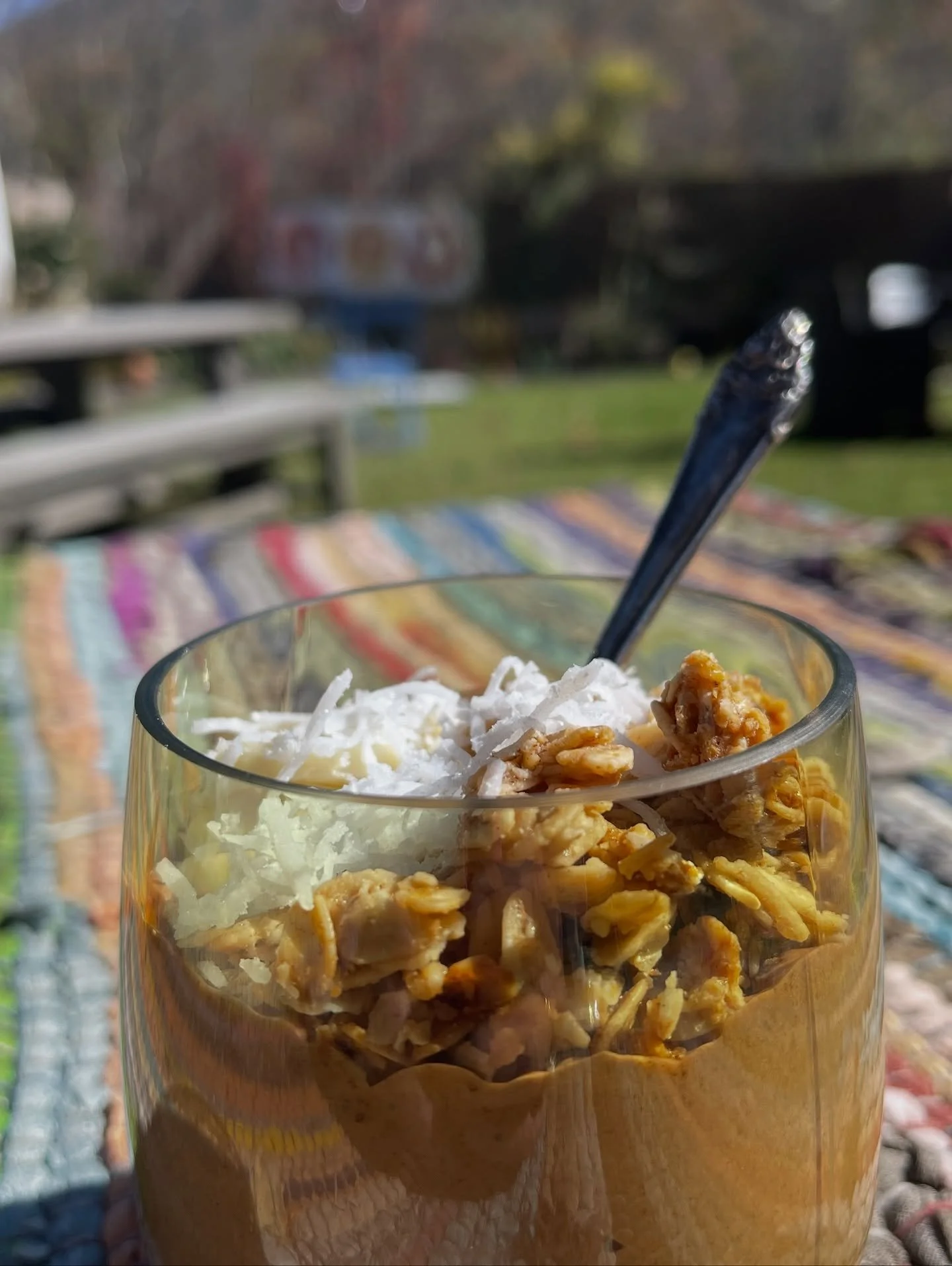 introducing and premiering at the second annual sunnyside brocante is this lovely protein packed delight i’m calling the 🥁🥁🥁
choco loco whoo hoo! 
it’s cacao, bananas, almond butter, coconut water and topped with my home made granola,