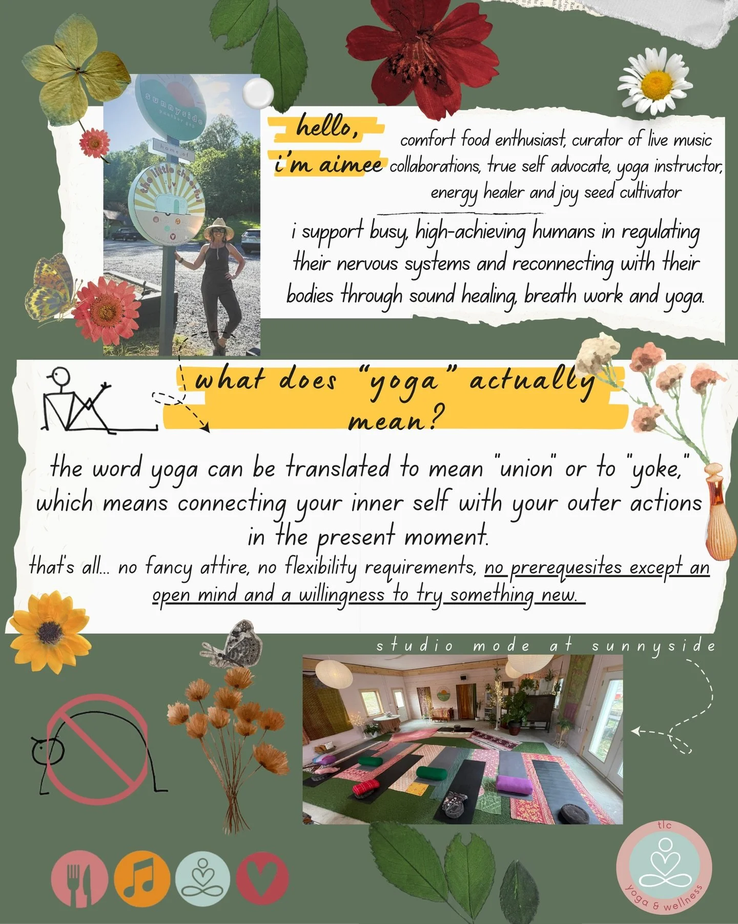 ✨ what is tlc yoga you might wonder?

let&rsquo;s break it down, shall we? 
the word yoga means union &mdash; bringing inner awareness and outer actions together, in this present moment. that&rsquo;s it&hellip; 
🤍 no fancy yoga attire
🤍 no flexibil