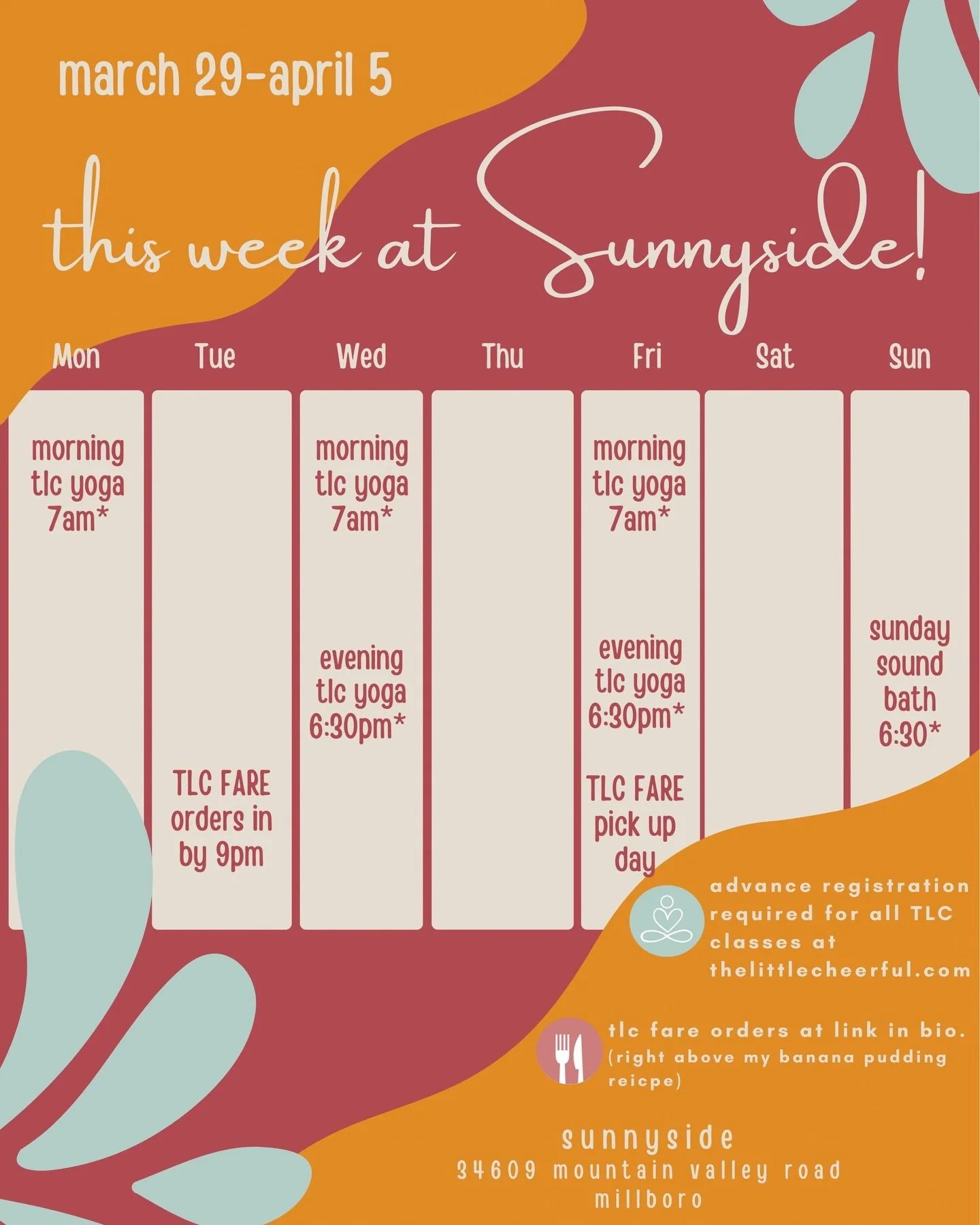 new spring classes to support you while riding the waves of life. 🌊 and don&rsquo;t forget about 
TLC FARE, your one stop shop for heart opening comfort food! 🍽️
come home to your heart at sunnyside, your safe place to let your guard down and retur
