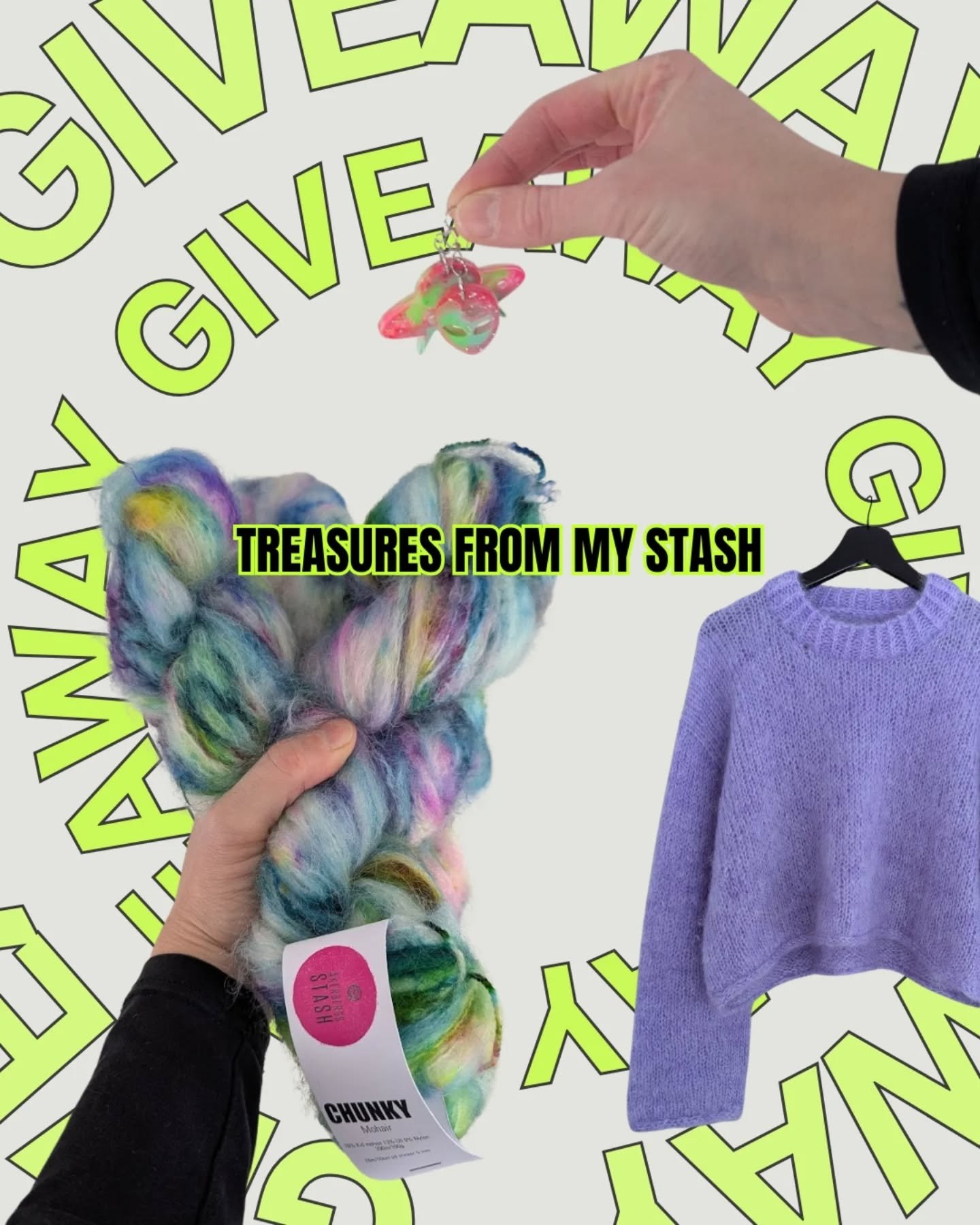 ✨🍾🍋&zwj;🟩 GIVEAWAY! 🖤🍋&zwj;🟩✨

Kick off 2026 right with some treasures from my stash!

First price:
3 skeins of chunky mohair, a pattern designed for this yarn and a pair of epic earrings from @_skumt (see pictures 1-4)

Second price:
1 skein o