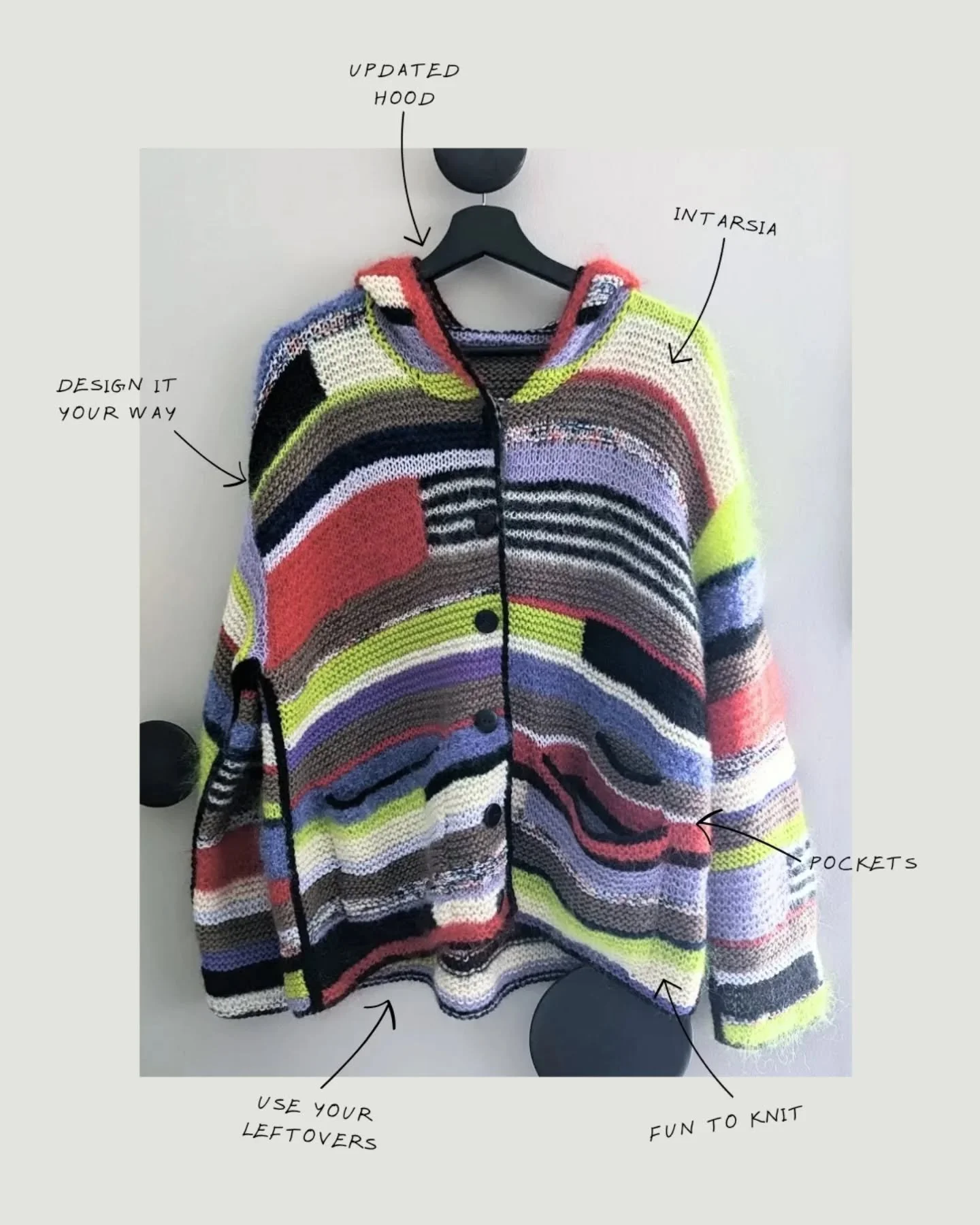 I've been updating patterns all day today and just finished working on the pattern for this one. It's cool. Seriously. Stay tuned for the release of the updated version. 💜🍋&zwj;🟩🖤

#thelazyluxcardigan #notorious_knitter 
#knitweardesigner #knitti