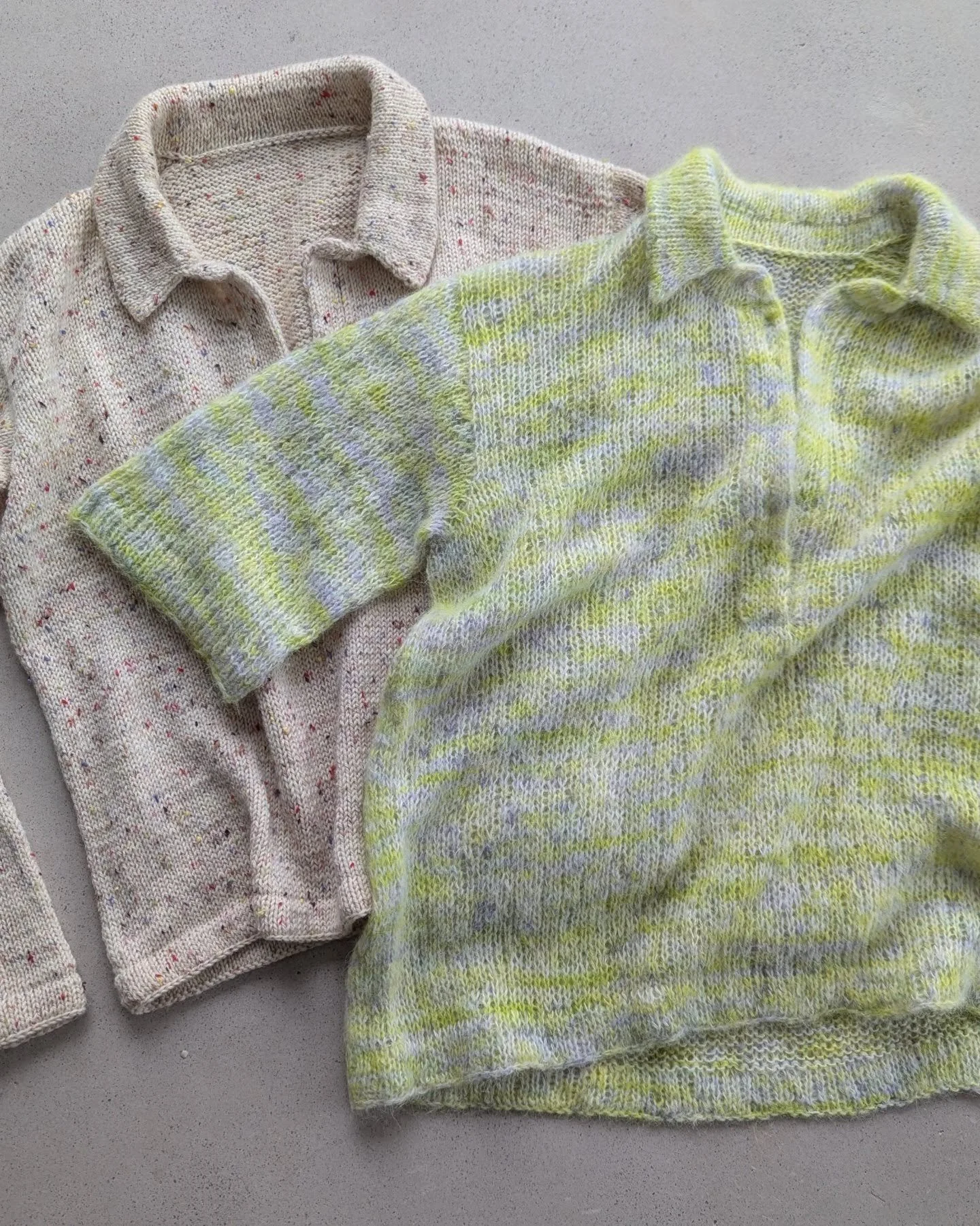 The Notorious Polo Shirt in Ulrika Tweed from @svartafaretgarn &amp; the Fluffy Polo Shirt in Alpaca fluff from @garnmakeriet

Both waiting for me to add buttons. 

#notorious_knitter 
#knittedstreetwear 
#contemporaryknitwear 
#knittingiscool 
#knit